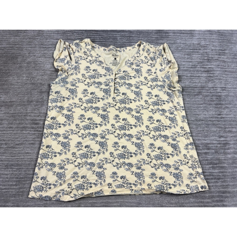 Old Ranch Top Womens Large Yellow Floral Short Sleeve V-Neck Cotton Blend Casual